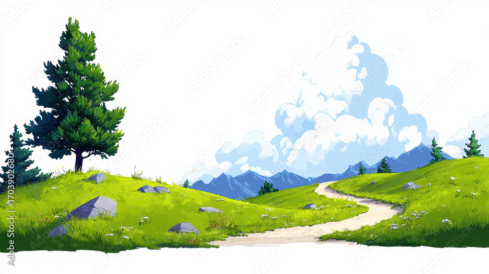 Fototapeta premium Vibrant landscape featuring winding path through lush green hills, dotted with rocks and trees under bright blue sky with fluffy clouds