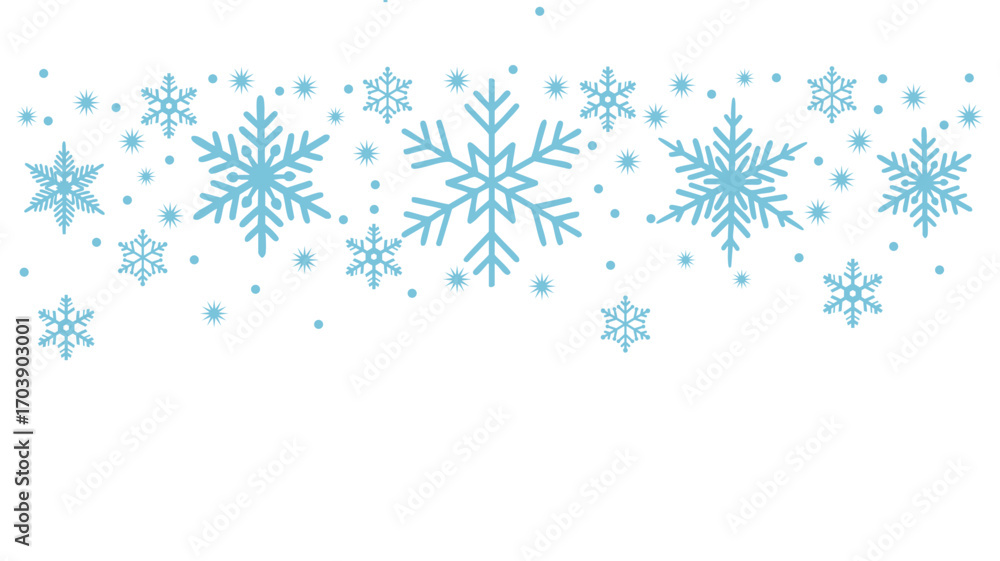 Fototapeta premium A collection of stylized, light blue snowflakes and dots arranged against a white background.