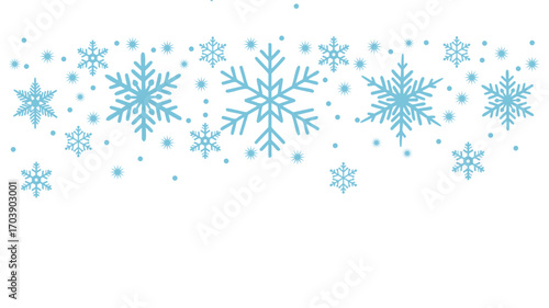 A collection of stylized, light blue snowflakes and dots arranged against a white background.