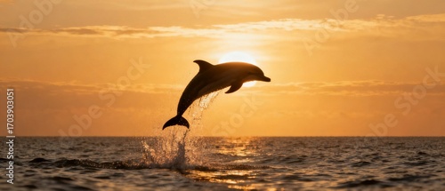 Dolphin jumping at sunset
