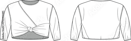 Trendy women's cropped top fashion sketch, long sleeve shirt with front knot detail, casual stylish design, elastic cuffs, modern summer clothing, feminine casual wear illustration