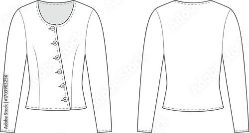 Elegant women's buttoned jacket fashion sketch, long sleeve tailored blazer, fitted design, classic collarless style, formal outerwear, professional clothing illustration