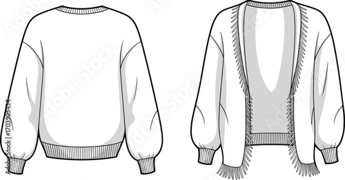 Cozy knitted cardigan and pullover sweater fashion sketch, oversized fit, ribbed cuffs, fringe detailing, casual knitwear, comfortable winter clothing, layered outerwear illustration design