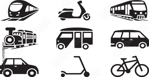 Diverse transportation icons depicting various vehicles and modes of travel train locomotive