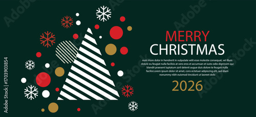 Merry Christmas 2026 Banner - Dark Green Background with Abstract Tree, Snowflakes and Dots