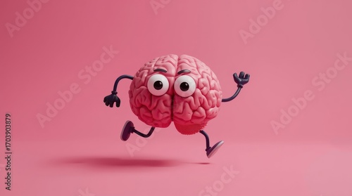 Playful cartoon brain character running energetically on a pink background, showcasing creativity