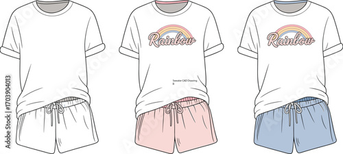 Casual summer outfit set with t-shirt and shorts, rainbow design, trendy clothing collection, comfortable casual wear, fashion illustration, minimal style, graphic tee design