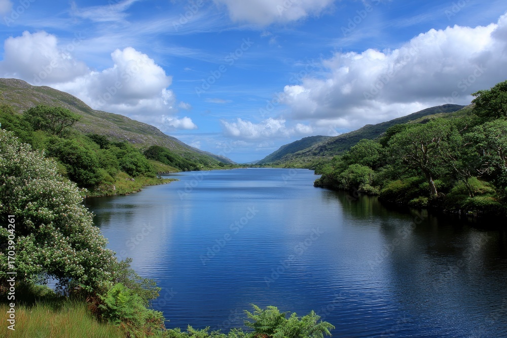 Fototapeta premium A blue river runs through a valley of green hills beneath a partly cloudy sky
