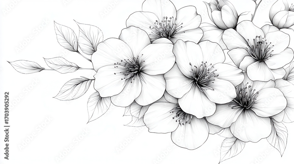 Obraz premium Beautiful floral illustration featuring delicate white flowers with intricate details and leaves, conveying elegance and tranquility