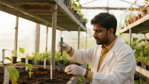 Indian male lab technician collecting samples inside greenhouse