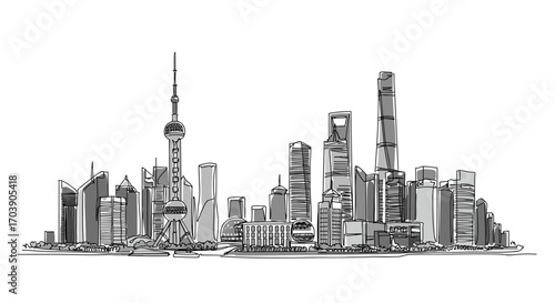 Shanghai city skyline illustration in line style on transparent background  