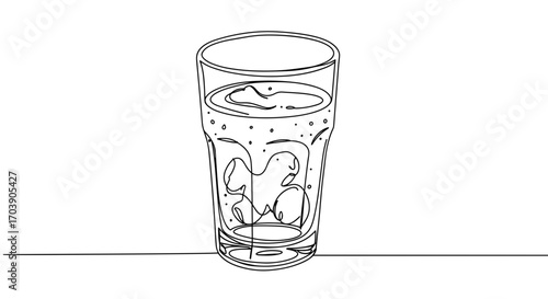 Clear glass of sparkling water with ice cubes outlined in a line style, transparent background  