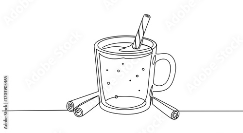 Line style illustration of a cup with a straw and cinnamon sticks on a table  