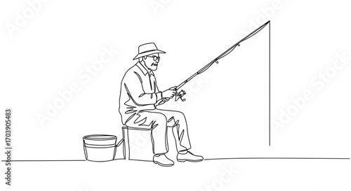 Man fishing while sitting on a bucket in line style, transparent background  