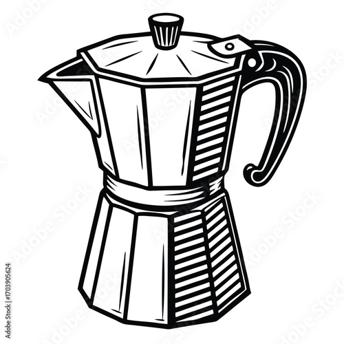 Classic Italian Moka Pot Illustration A Timeless Symbol of Coffee Culture and Brewing Tradition Elegant Kitchenware Black and White