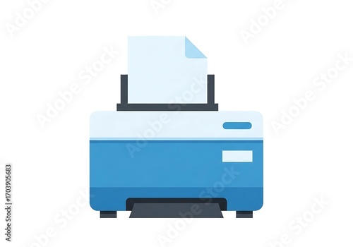 A simple, flat design illustration of a multi-function printer with a sheet of paper ready for printing.