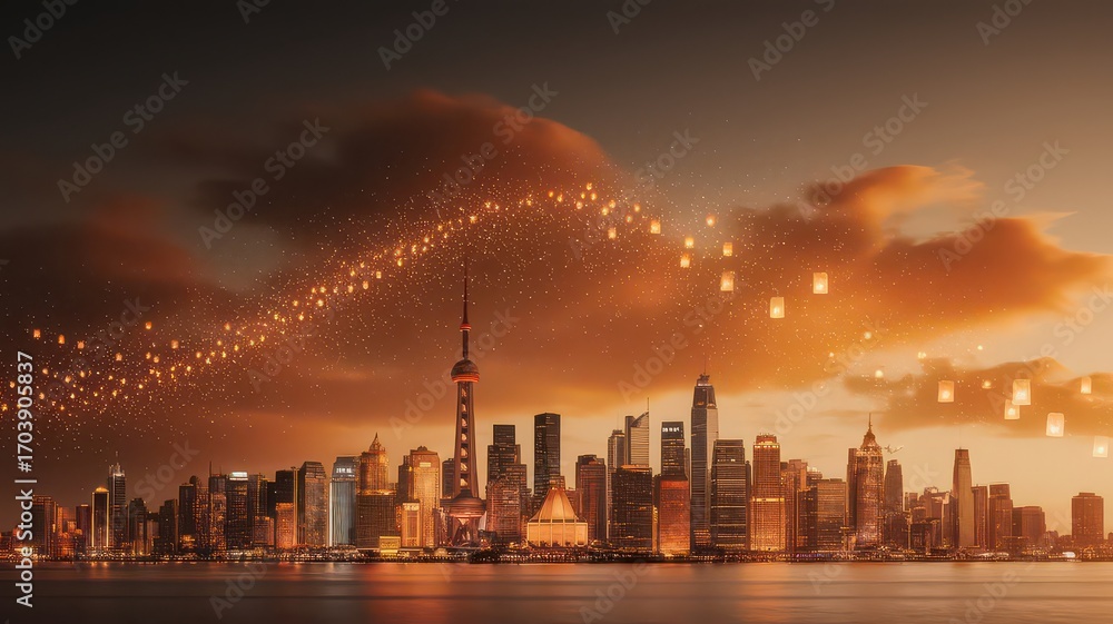 Obraz premium Golden hour illuminates a bustling metropolis skyline with a river in the foreground and glowing lanterns floating in the warm, cloudy sky