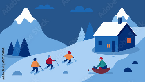 Children enjoying winter sports near a snowy cabin