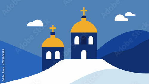 Stylized blue and gold churches with golden domes and crosses