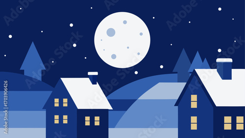 Cozy winter village under a full moon