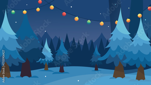 Festive winter forest scene with twinkling lights