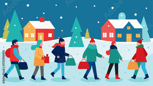 People shopping in a snowy winter village with colorful houses and trees