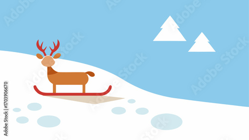 Cute reindeer riding a sleigh down a snowy hill
