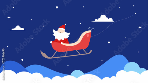 Cartoon santa claus flying in a sleigh through the night sky
