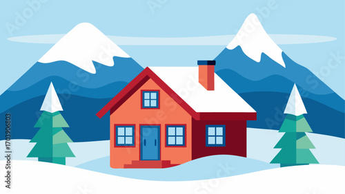 Cozy orange house in a snowy mountain landscape