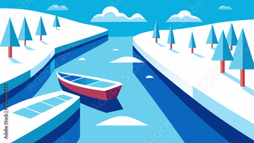 Stylized winter landscape with boats on a frozen canal