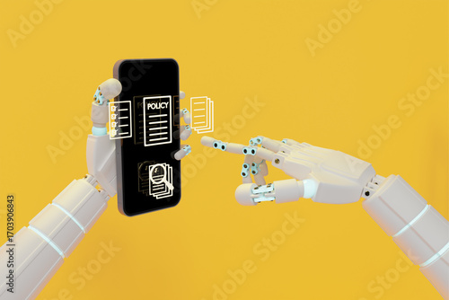 AI robotic arm hold smartphone isolate on white background