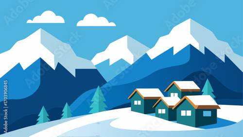 Cozy winter village nestled among snowy mountains