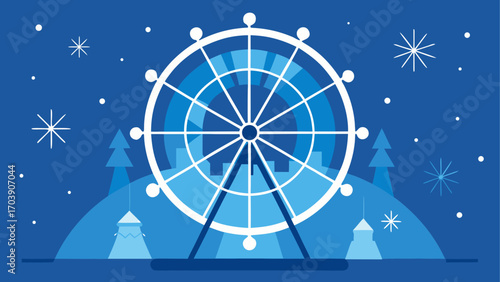 Winter ferris wheel scene with snowflakes and trees