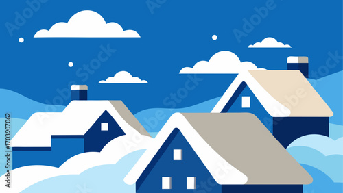 Cozy winter village scene with snow covered houses and blue sky