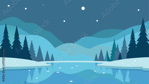 Flat design winter landscape with snowy hills and a frozen lake