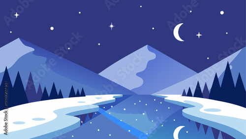 Calm winter night landscape with snow capped mountains and crescent moon