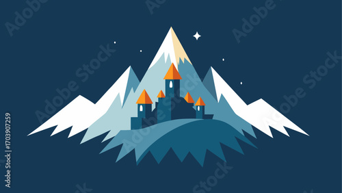 Fantasy castle nestled among snowy mountain peaks under starlit sky