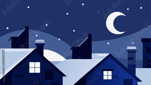 Cozy winter night scene with snow covered rooftops and crescent moon
