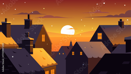 Cozy village rooftops under a warm sunset sky