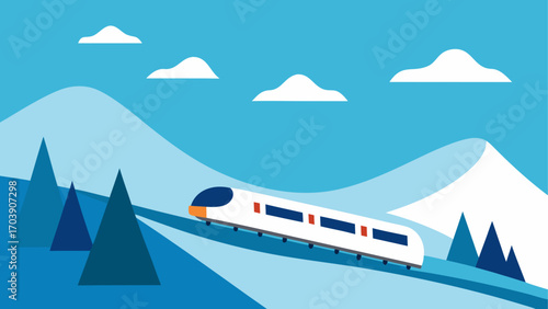 Modern train travels through snowy mountain landscape