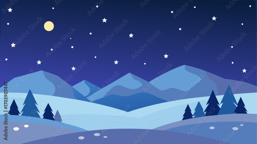 Naklejka premium Stylized winter mountain landscape under a starry night sky