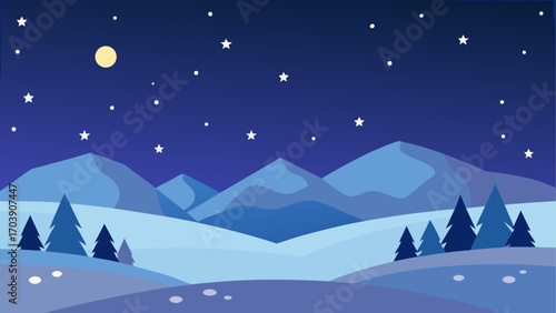 Stylized winter mountain landscape under a starry night sky