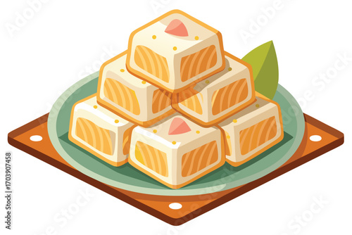 Colorful Turkish Delight Cubes Stacked on a Square Plate Sweet and Sugary Confectionery Ready to Eat in a Vector Illustration