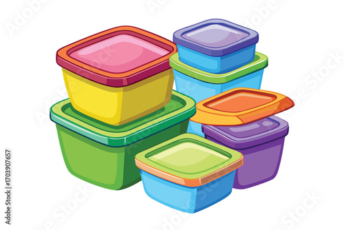 Colorful Stack of Food Storage Containers Various Sizes and Shapes Kitchen Organization and Food Preservation Reusable Plastic Containers