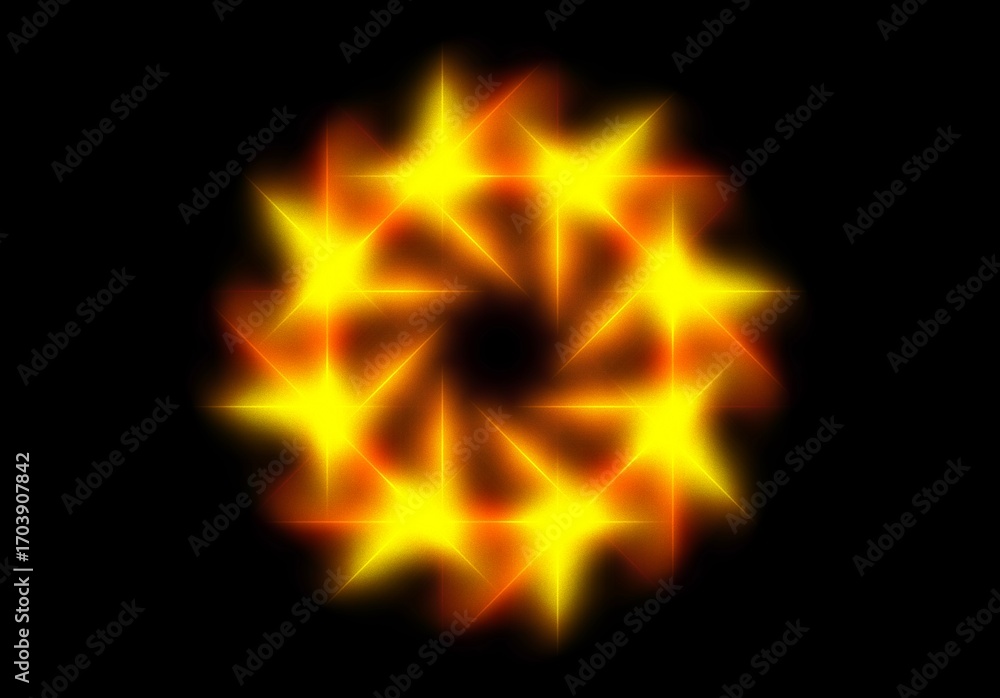 Fototapeta premium abstract geometric neon light lines kaleidoscope mandala art Vibrant neon spiral design with glowing purple, pink, and yellow rays. Perfect for futuristic backgrounds, posters, or digital art