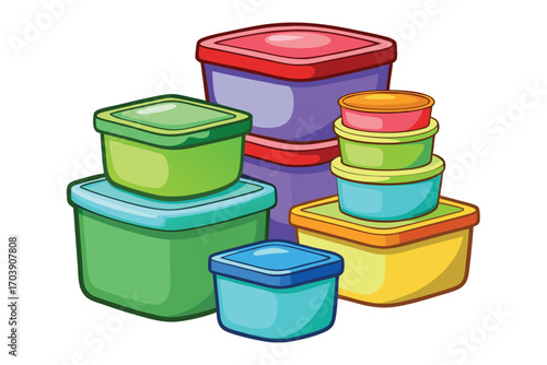 Colorful Stack of Food Storage Containers Various Sizes and Shapes Kitchen Organization and Food Preservation Reusable Plastic Containers