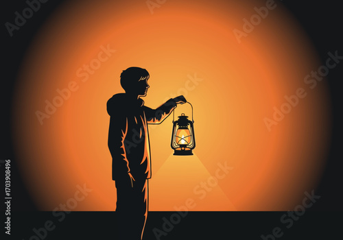 vector illustration of a person's silhouette holding a glowing lantern in the dark, symbolizing hope and guidance for World Mental Health Day.