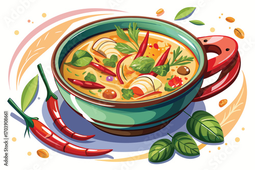 Tom Kha Soup in a Vibrant Bowl Aromatic Thai Coconut Delight with Fresh Herbs and Chili Peppers Tempting Your Senses