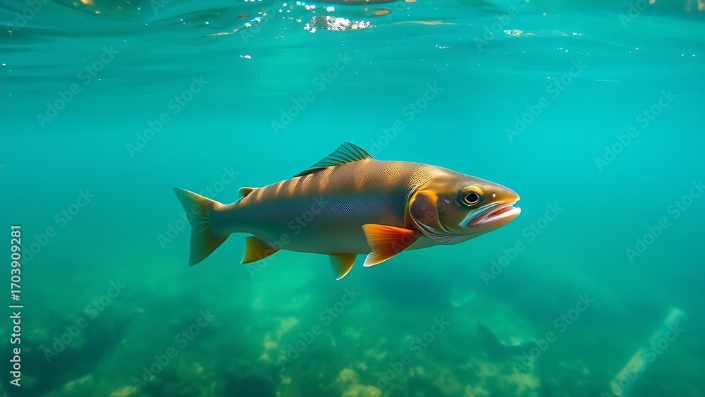 Naklejka premium A trout glides through crystal-clear waters in a serene underwater scene with natural lighting.