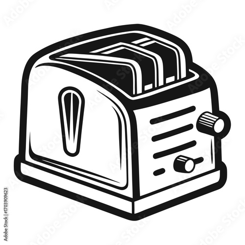 Monochrome Toaster Illustration with Bread Slices Depicting Kitchen Appliance and Food Preparation, Outlined Design Style